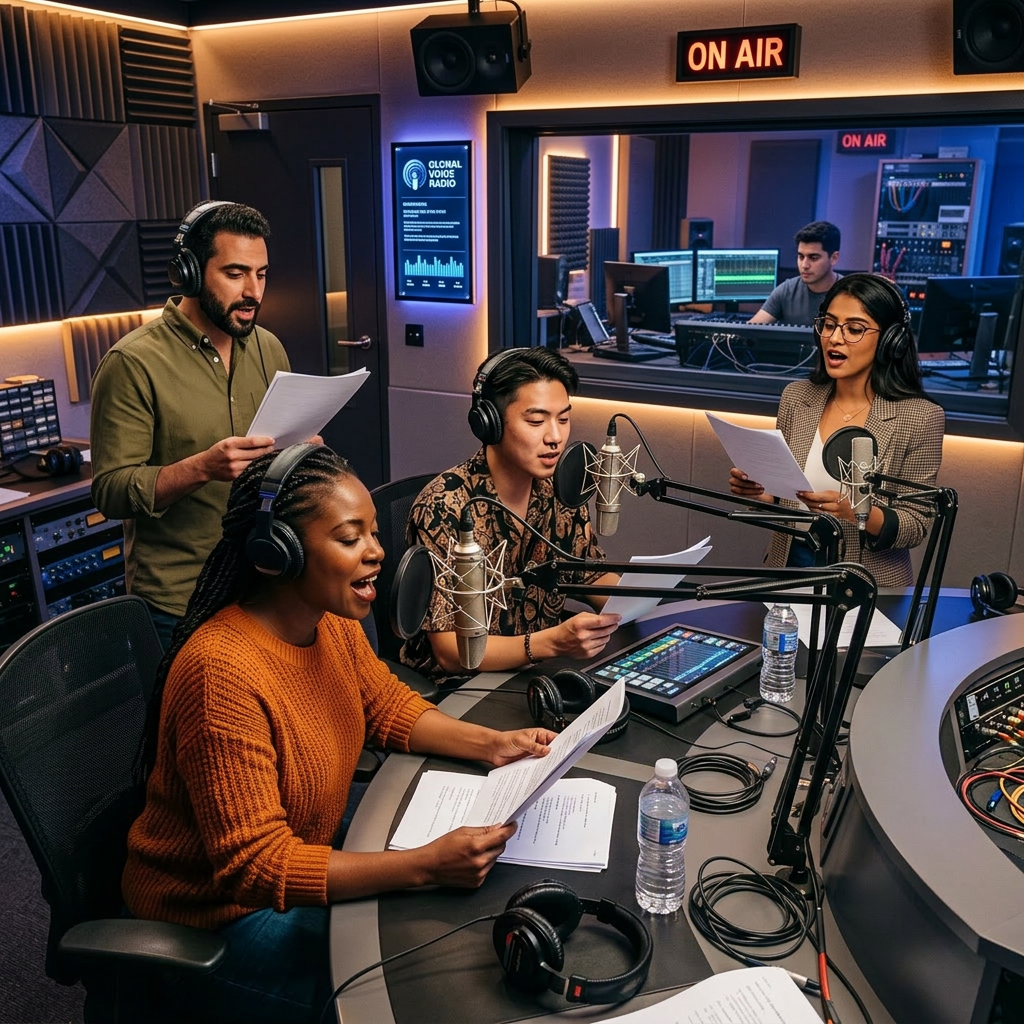 Group of five people wearing headphones and reading scripts in a recording studio with microphones