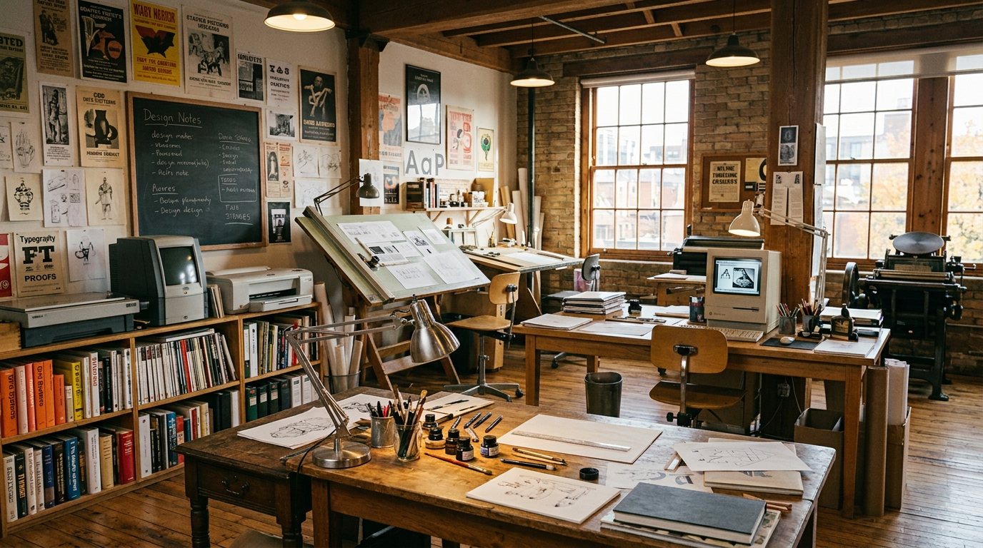 Designers creating illustrations and layouts in a vintage graphic design studio