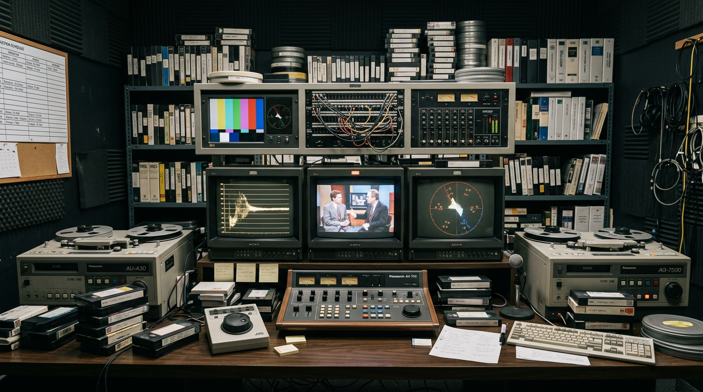 Vintage broadcast studio with monitors, tape decks, shelves, and video equipment